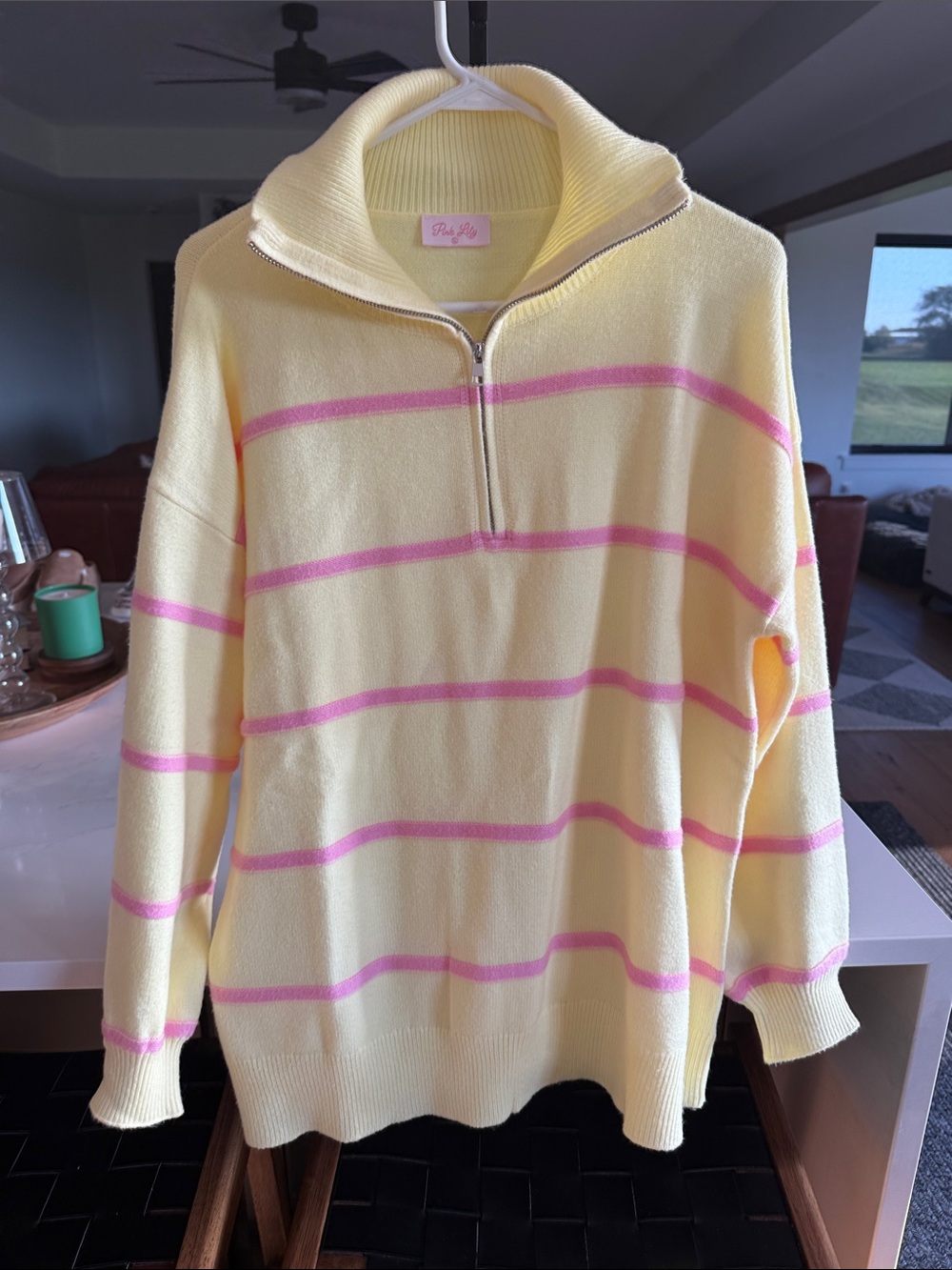 Pink Lily Yellow 1/4-Zip Sweater with Pink Stripes, size XL, NWOT